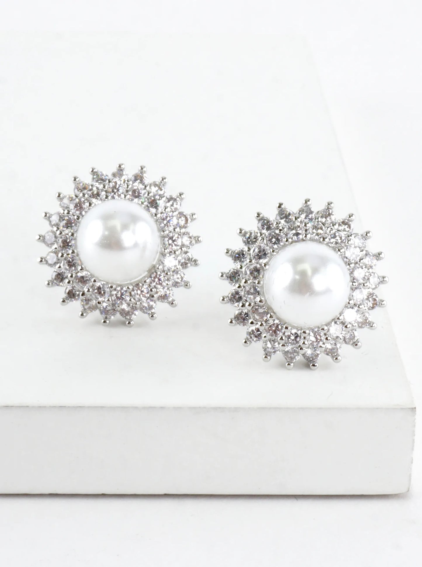 Elegant Pearl Halo Pave Stud Earrings