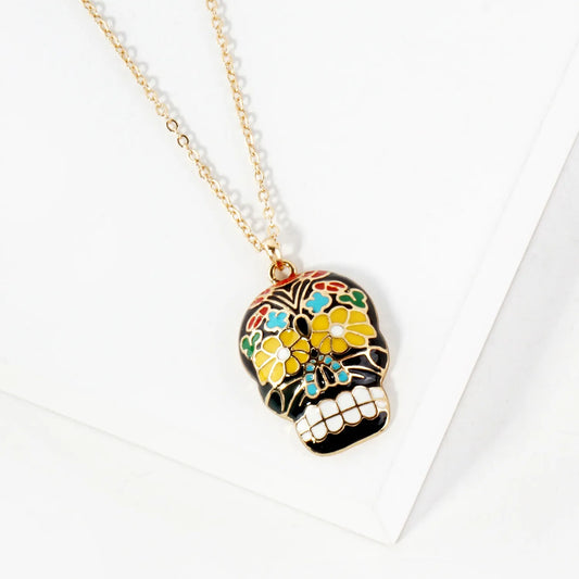 Enamel 1-Inch Calavera Sugar Skull Pendant Necklace