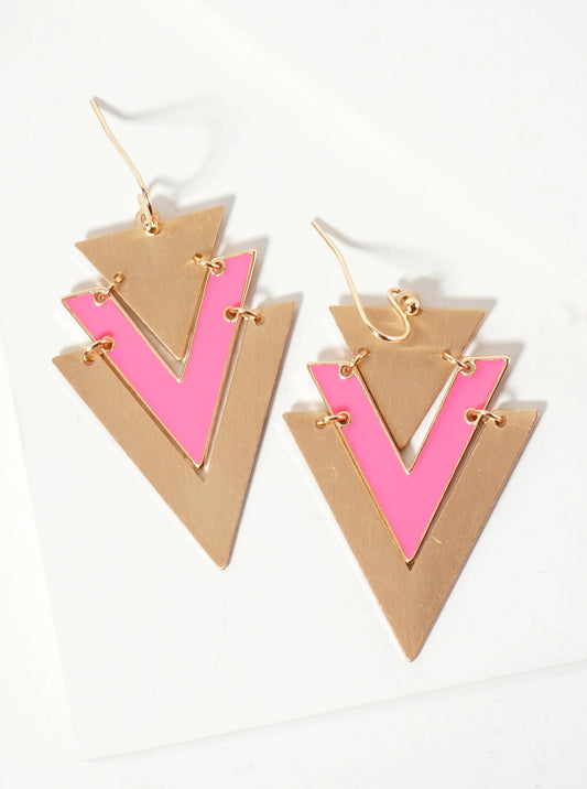 Enamel-Accented Chevron Dangle Drop Earrings