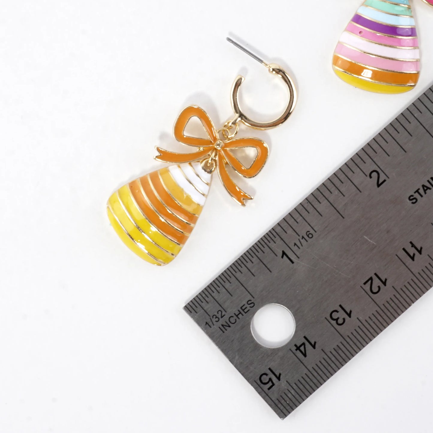 Enamel Candy Corn Bow Dangle Hoop Earrings