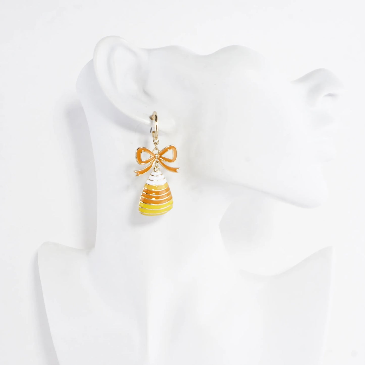 Enamel Candy Corn Bow Dangle Hoop Earrings