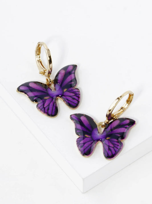 Enamel Filled Butterfly Drop 10mm Huggie Hoop Earrings