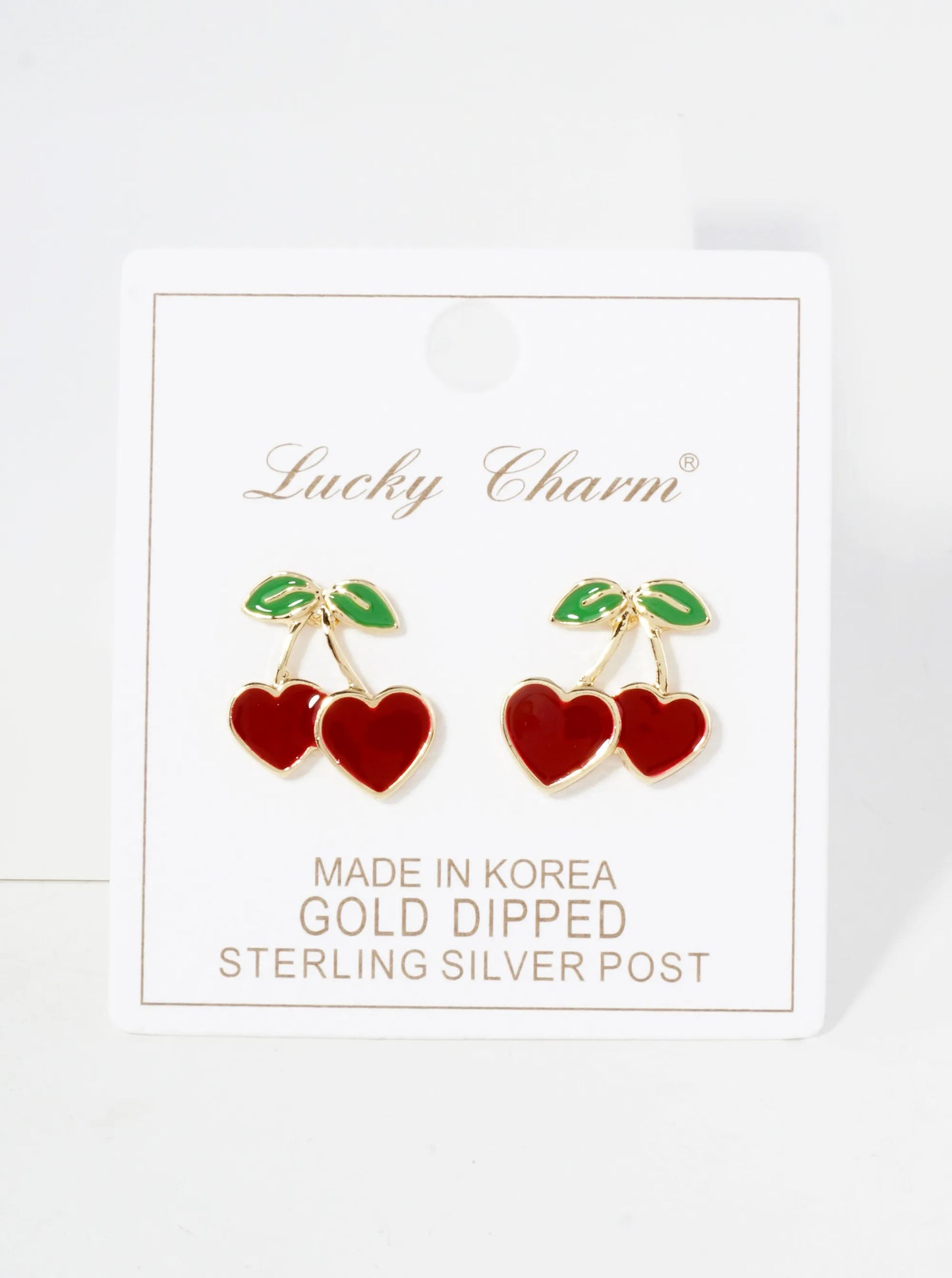 Enamel Filled Flat Heart Cherry 18K-Gold-Dipped Brass Stud Earrings