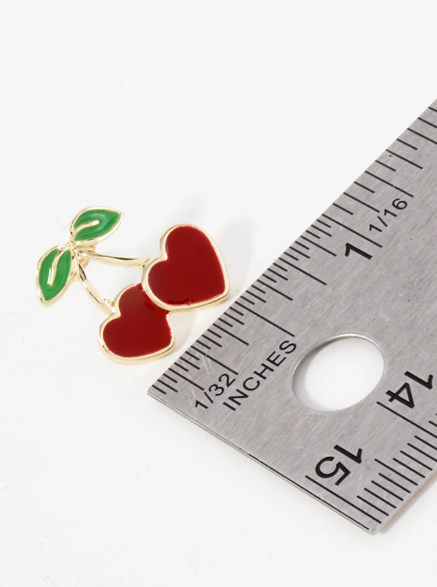 Enamel Filled Flat Heart Cherry 18K-Gold-Dipped Brass Stud Earrings