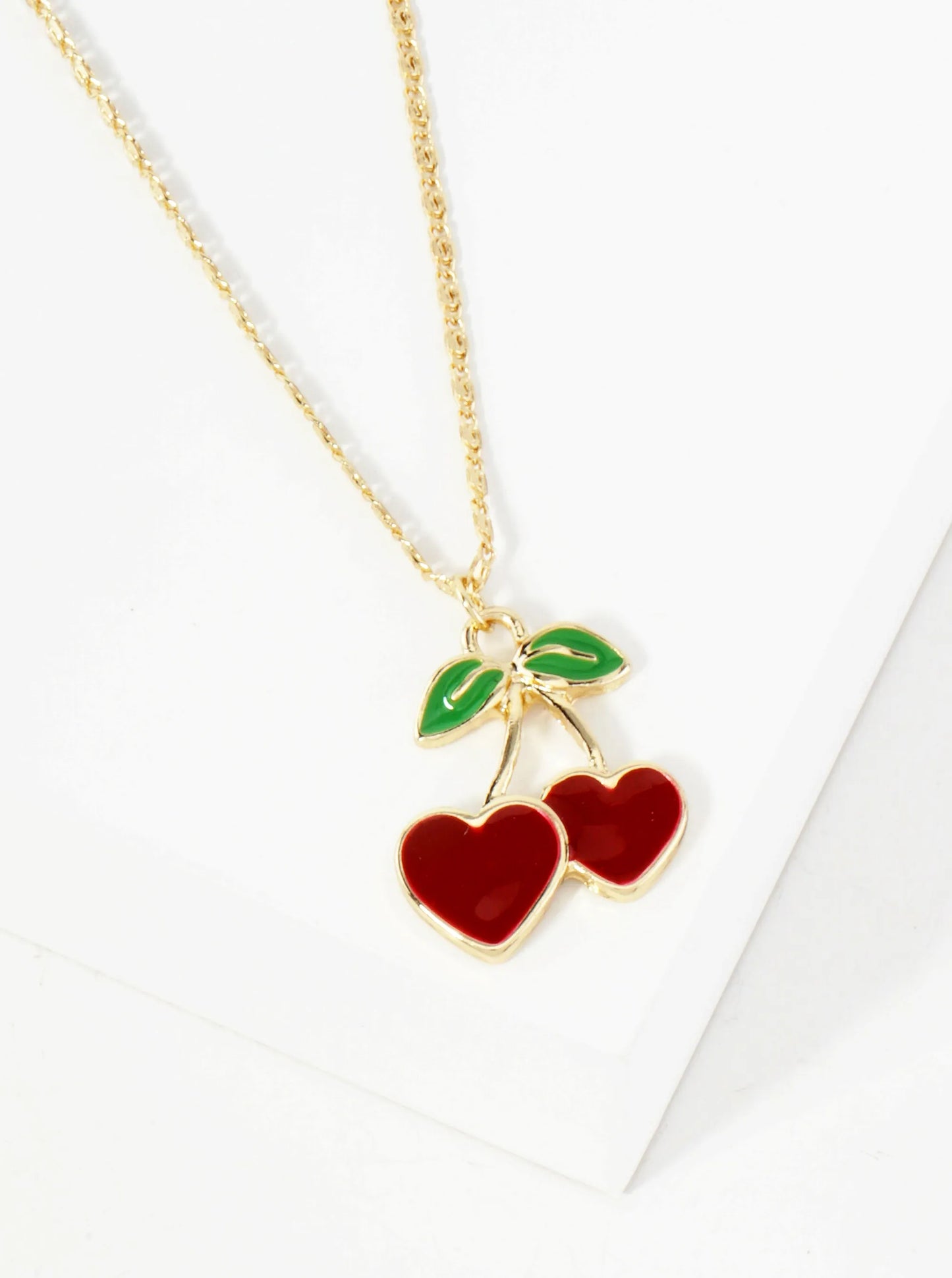 Enamel Filled Flat Heart Cherry Pendant 18K-Gold-Dipped Necklace