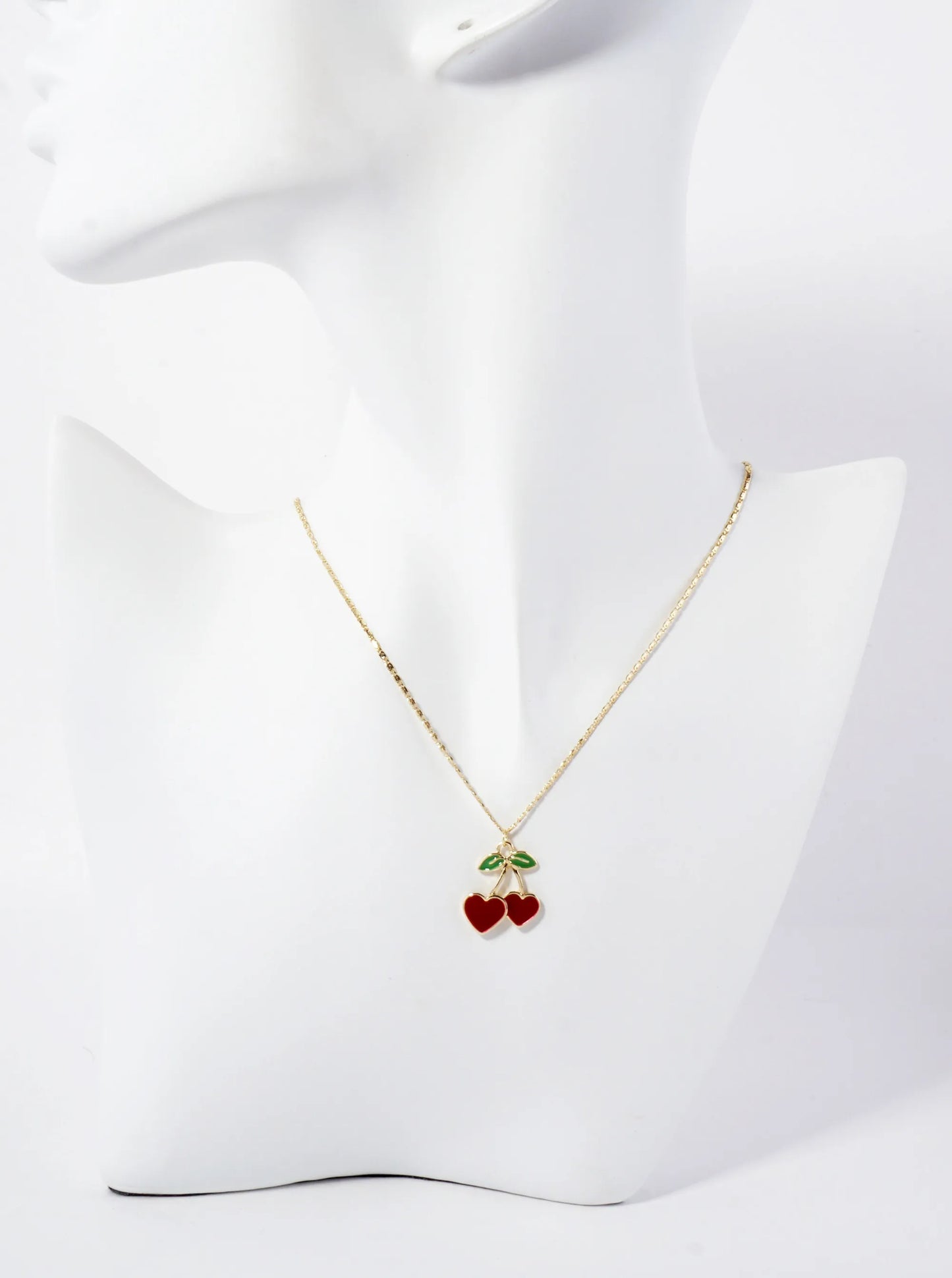 Enamel Filled Flat Heart Cherry Pendant 18K-Gold-Dipped Necklace