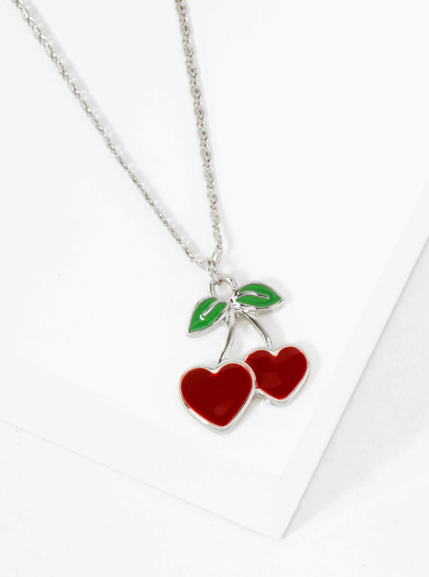 Enamel Filled Flat Heart Cherry Pendant 18K-Gold-Dipped Necklace
