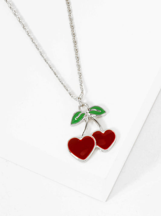 Enamel Filled Flat Heart Cherry Pendant 18K-Gold-Dipped Necklace