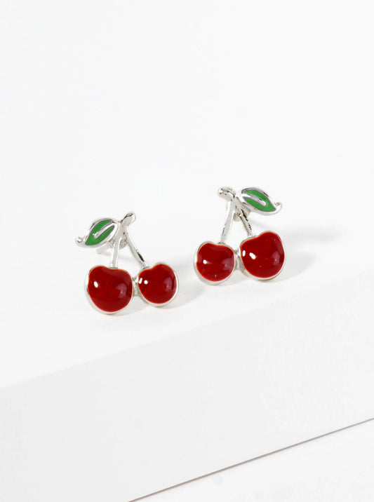 Enamel Filled Half-inch Cherry 18K-Gold-Dipped Brass Stud Earrings