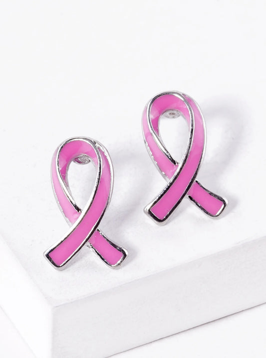 Enamel Filled Pink Ribbon Stud Earrings