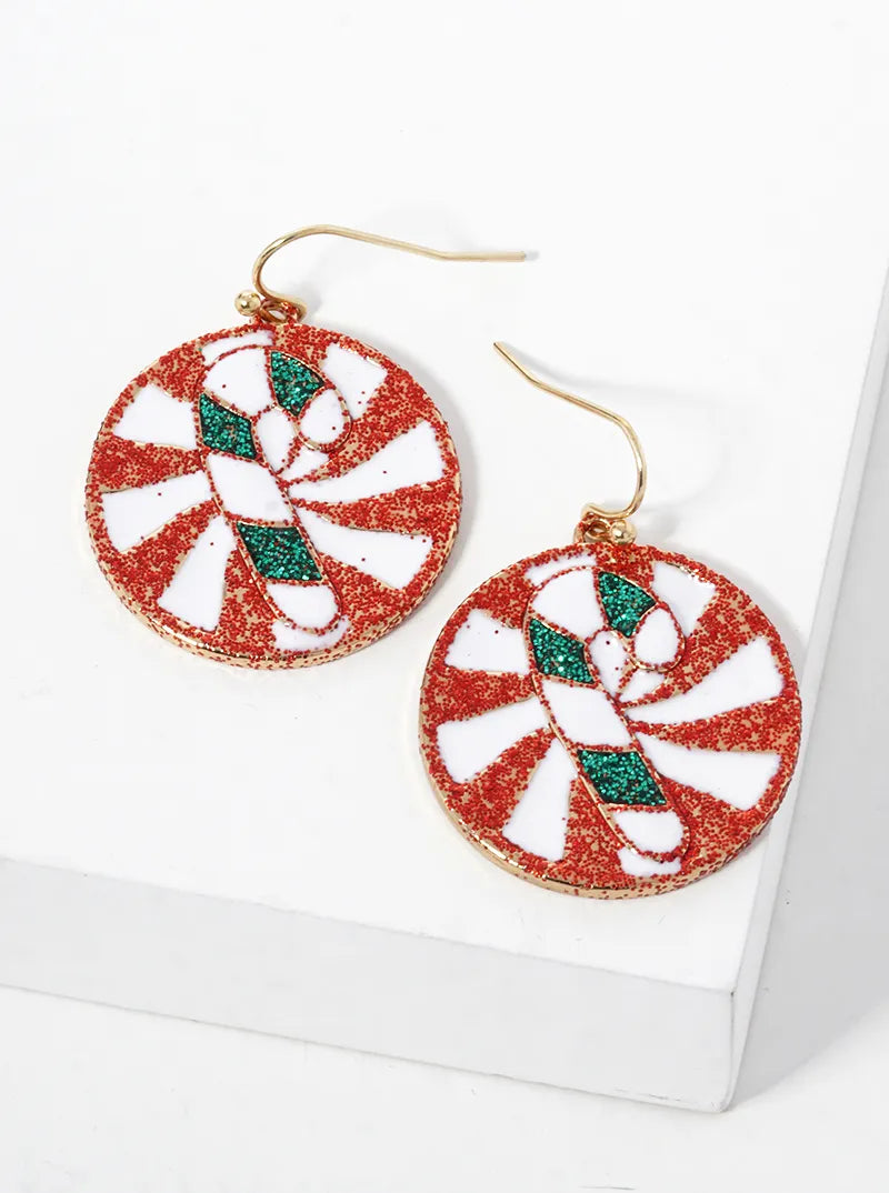 Enamel Filled Round Christmas Candy Cane Drop Earrings