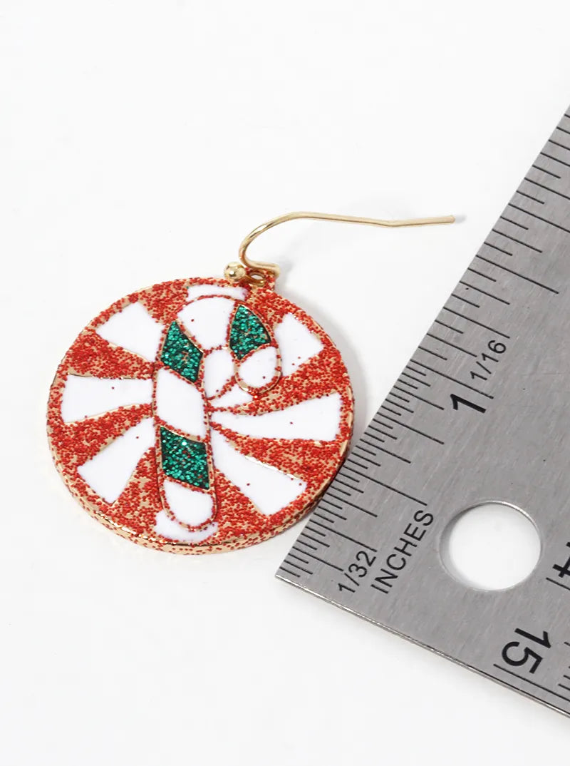 Enamel Filled Round Christmas Candy Cane Drop Earrings