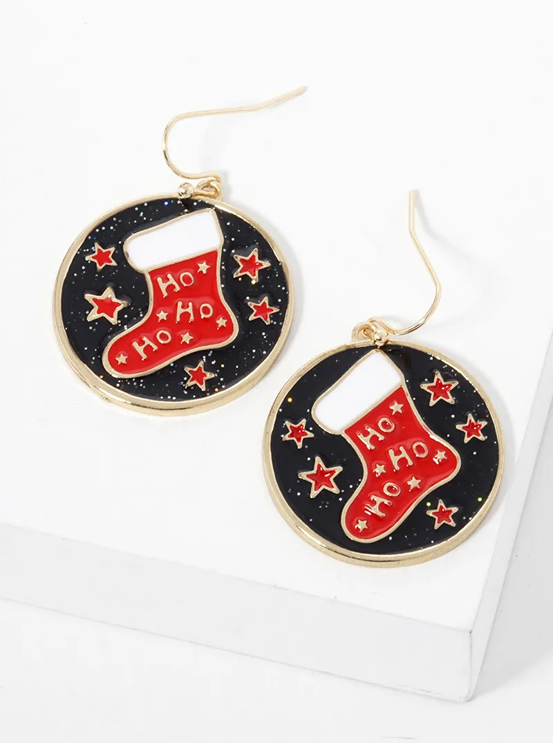 Enamel Filled Round Christmas Stocking Drop Earrings
