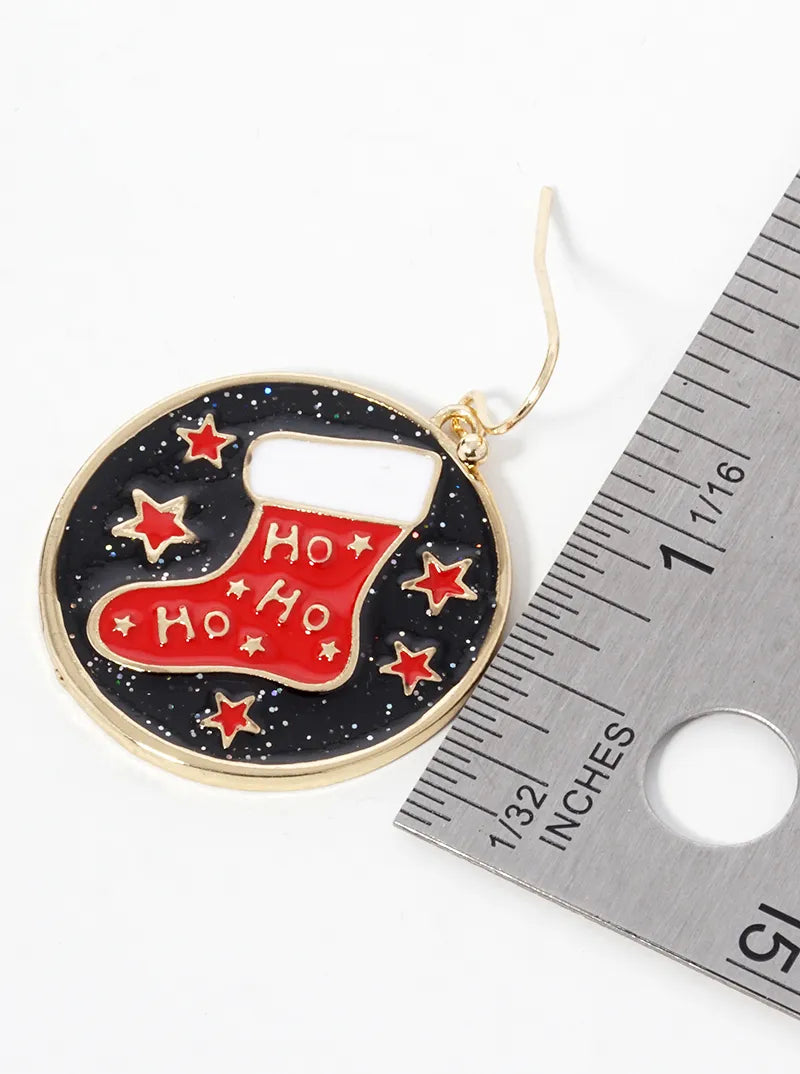 Enamel Filled Round Christmas Stocking Drop Earrings
