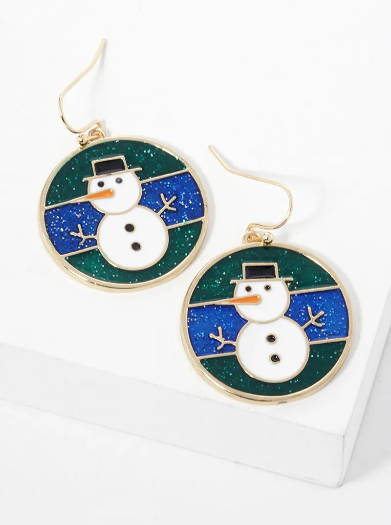 Enamel Filled Round Snowman Drop Earrings