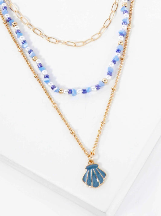 Enamel Seashell Pendant Glass-Beaded Sea-Life Layered Necklace