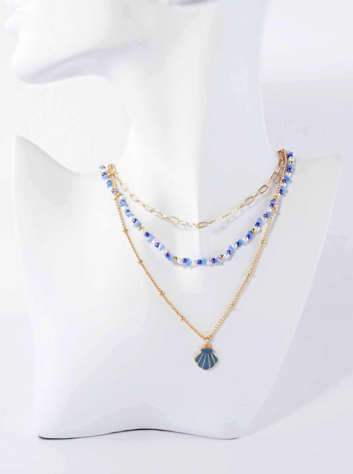 Enamel Seashell Pendant Glass-Beaded Sea-Life Layered Necklace