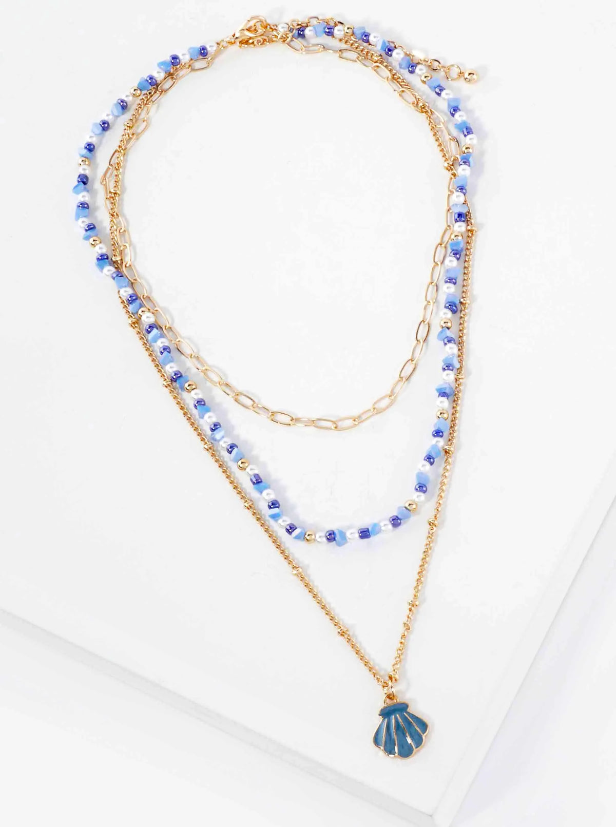 Enamel Seashell Pendant Glass-Beaded Sea-Life Layered Necklace