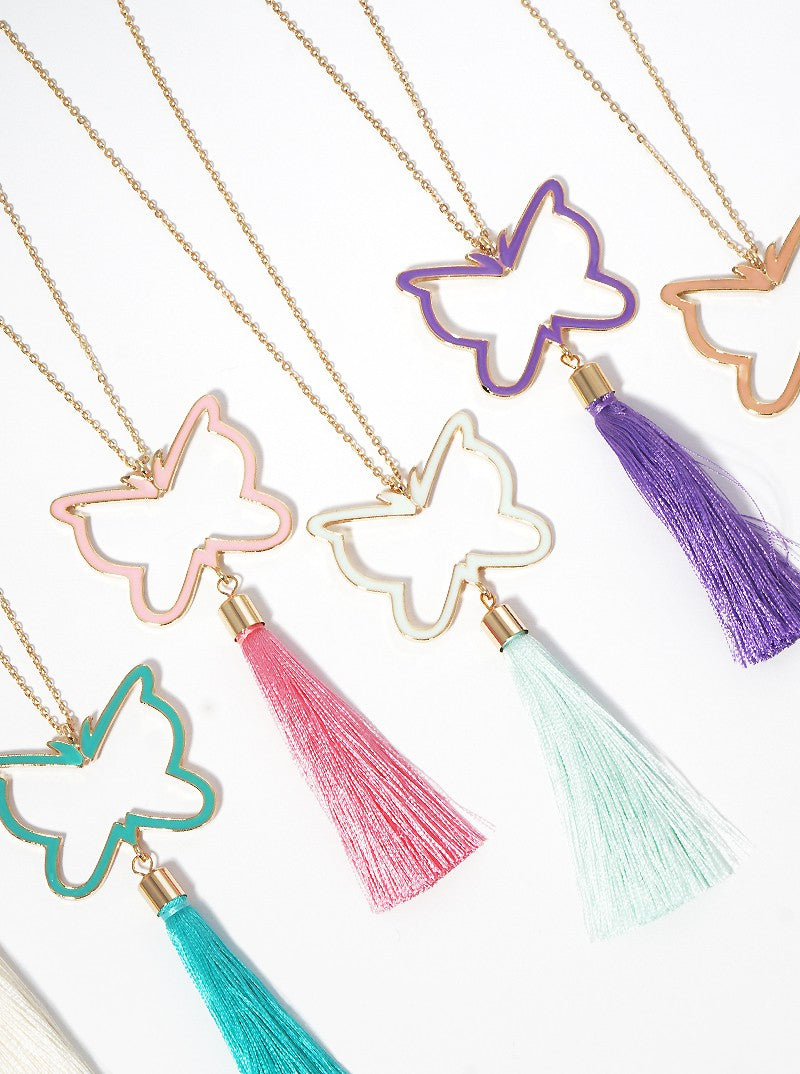 Enamel Filled Butterfly Shaped Pendant With Thread Tassel Long Necklace