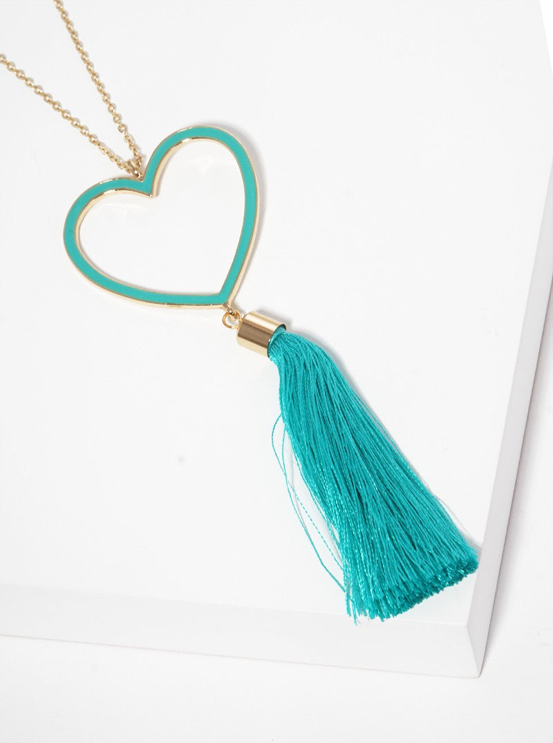 Enamel Filled Heart Shaped Pendant With Thread Tassel Long Necklace