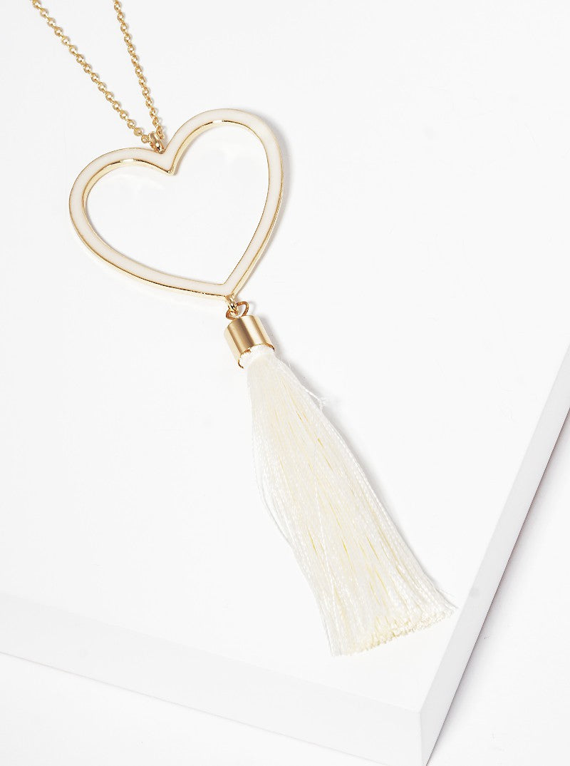 Enamel Filled Heart Shaped Pendant With Thread Tassel Long Necklace