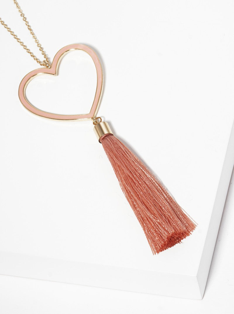 Enamel Filled Heart Shaped Pendant With Thread Tassel Long Necklace