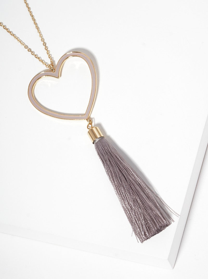 Enamel Filled Heart Shaped Pendant With Thread Tassel Long Necklace