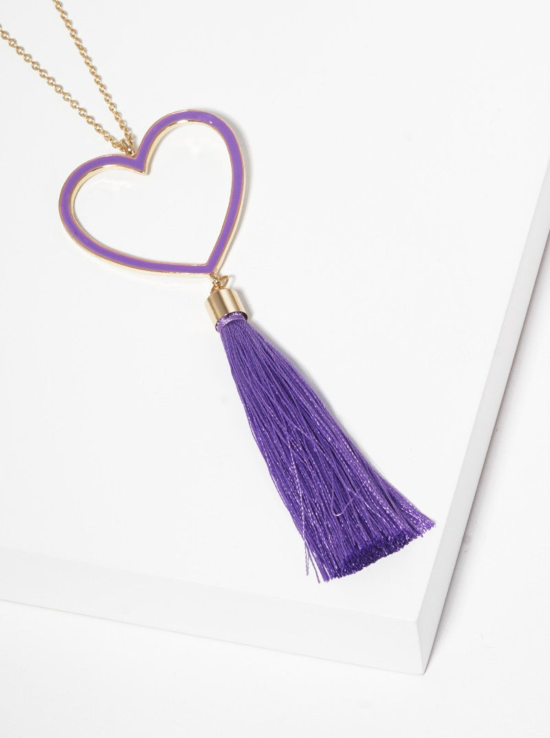 Enamel Filled Heart Shaped Pendant With Thread Tassel Long Necklace