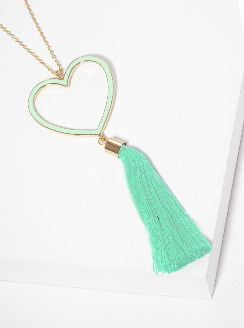 Enamel Filled Heart Shaped Pendant With Thread Tassel Long Necklace