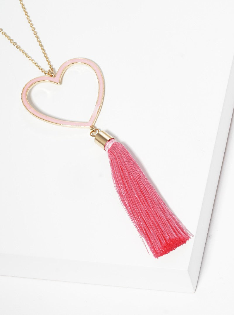 Enamel Filled Heart Shaped Pendant With Thread Tassel Long Necklace