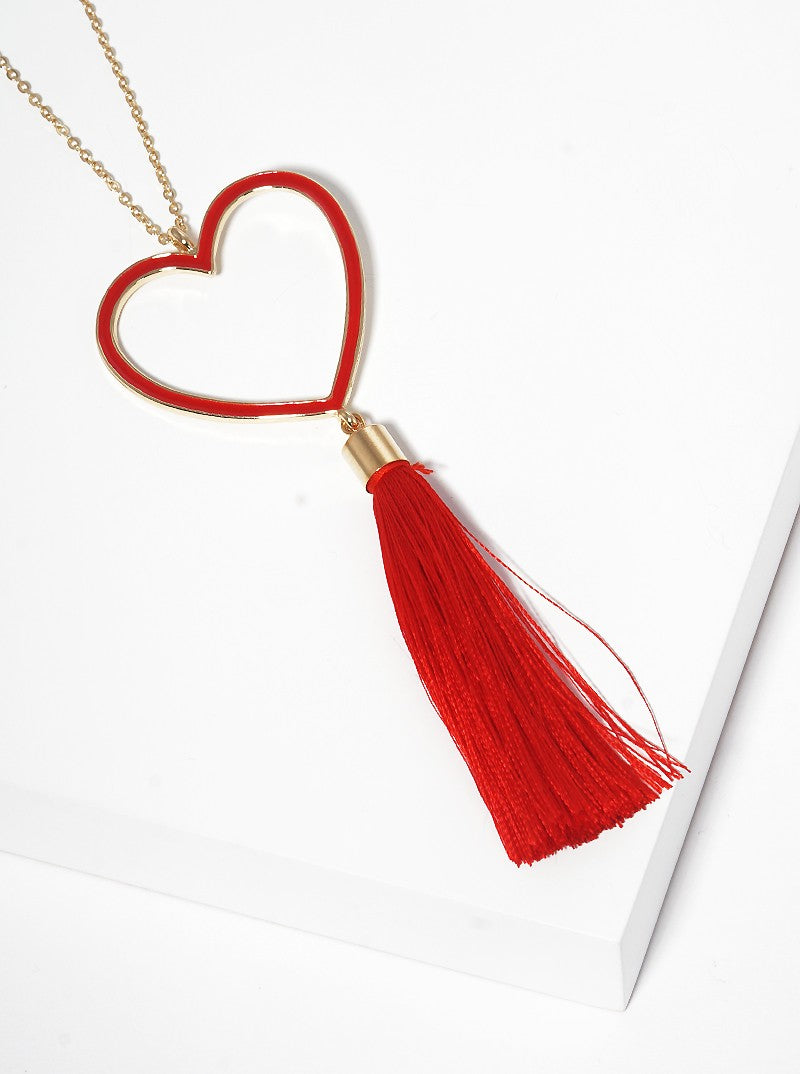 Enamel Filled Heart Shaped Pendant With Thread Tassel Long Necklace