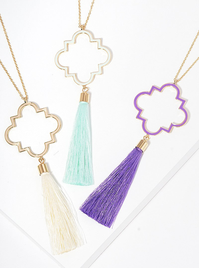 Enamel Filled Quatrefoil Shaped Pendant With Thread Tassel Long Necklace