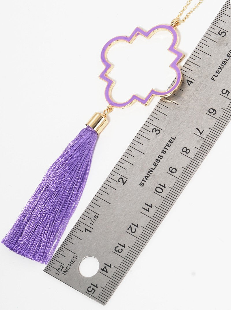 Enamel Filled Quatrefoil Shaped Pendant With Thread Tassel Long Necklace