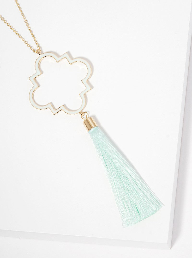 Enamel Filled Quatrefoil Shaped Pendant With Thread Tassel Long Necklace