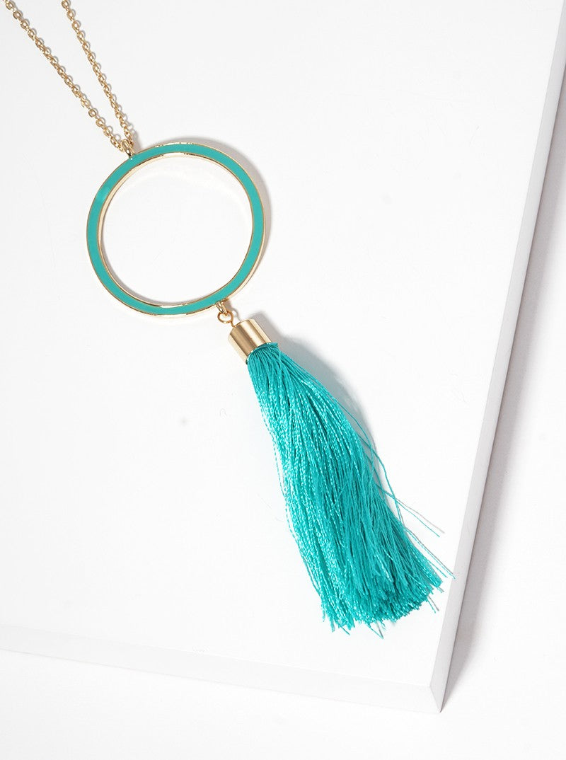 Enamel Filled Round Shaped Pendant With Thread Tassel Long Necklace