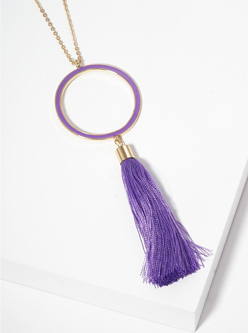 Enamel Filled Round Shaped Pendant With Thread Tassel Long Necklace