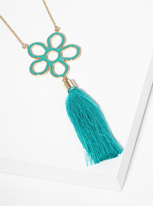 Enamel Filled Flower With Thread Tassel Pendant Long Necklace