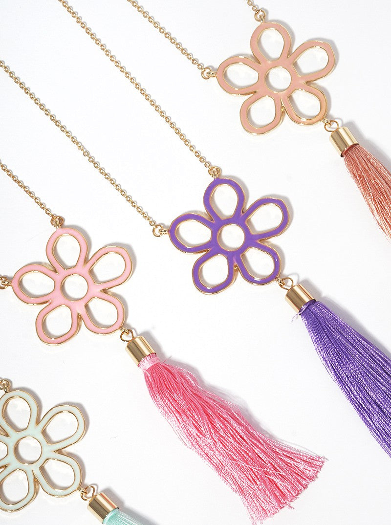 Enamel Filled Flower With Thread Tassel Pendant Long Necklace