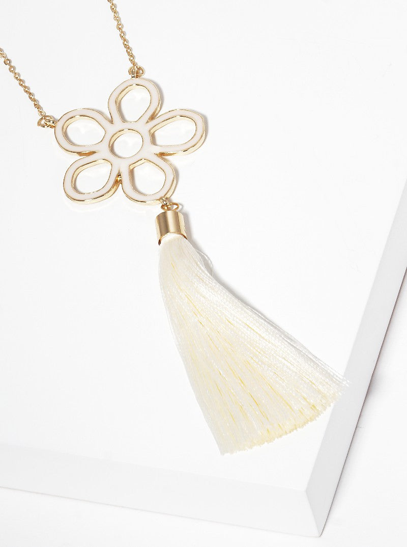 Enamel Filled Flower With Thread Tassel Pendant Long Necklace