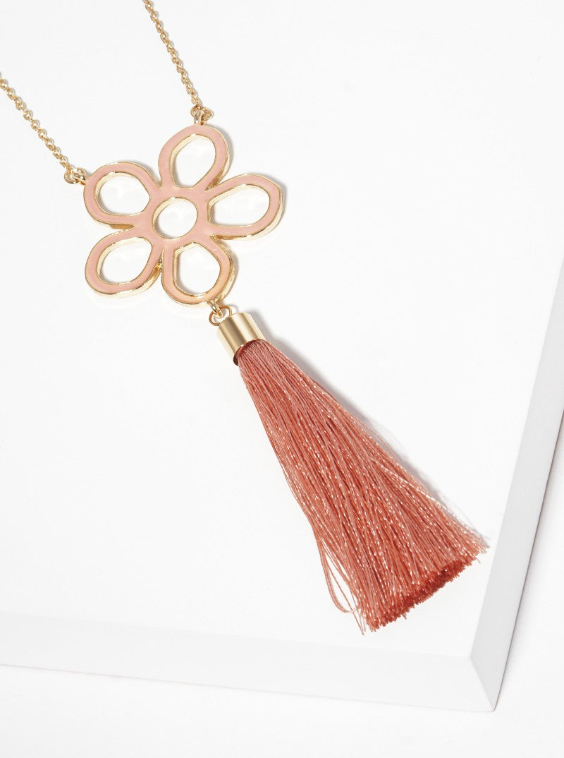 Enamel Filled Flower With Thread Tassel Pendant Long Necklace