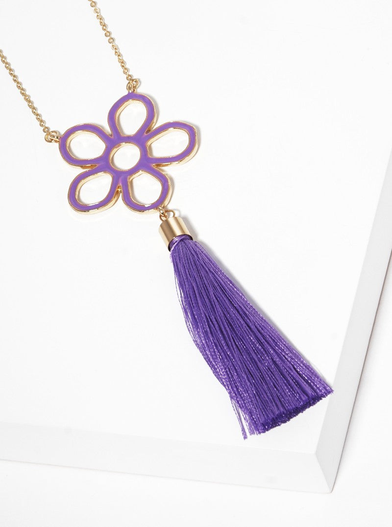 Enamel Filled Flower With Thread Tassel Pendant Long Necklace