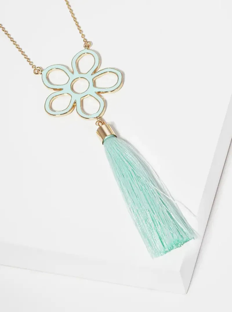 Enamel Filled Flower With Thread Tassel Pendant Long Necklace