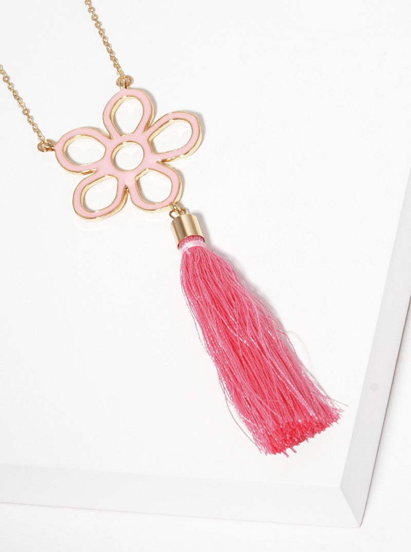 Enamel Filled Flower With Thread Tassel Pendant Long Necklace