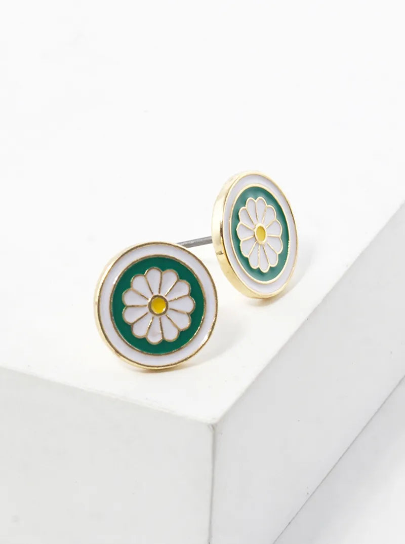 Enamel Filled Metal Dainty Round Flower Post Stud Earrings