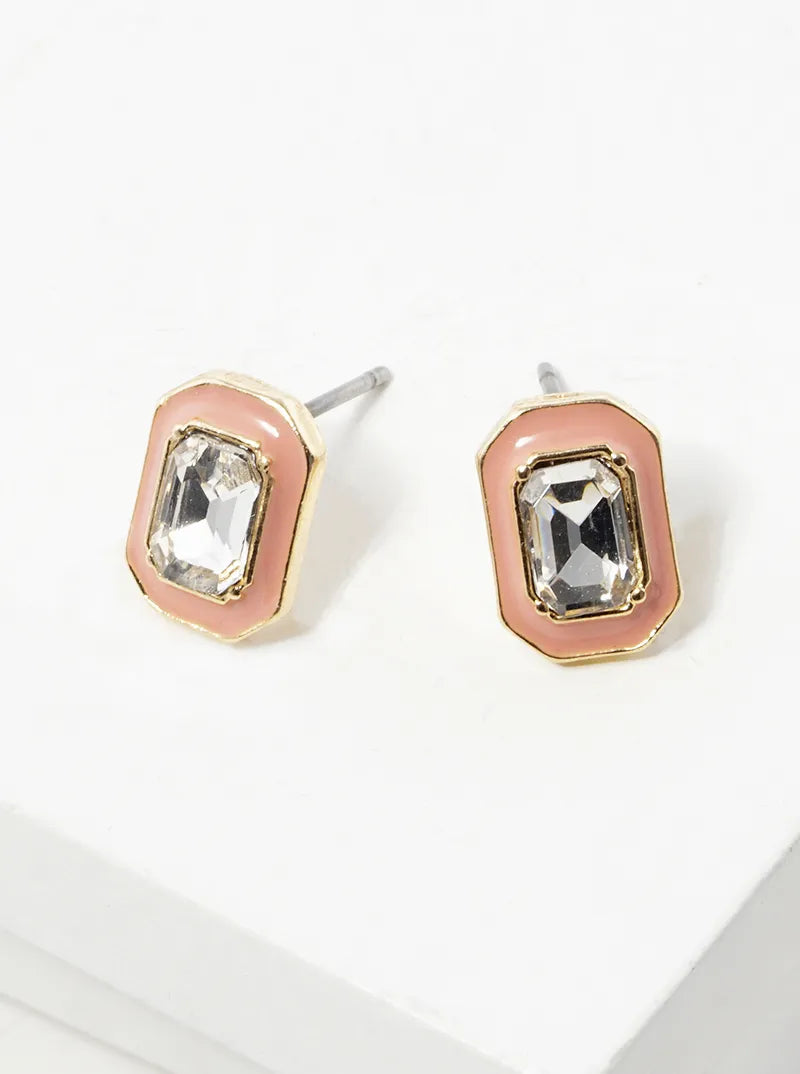 Enamel Filled Radiant Cut Crystal Dainty Post Stud Earrings