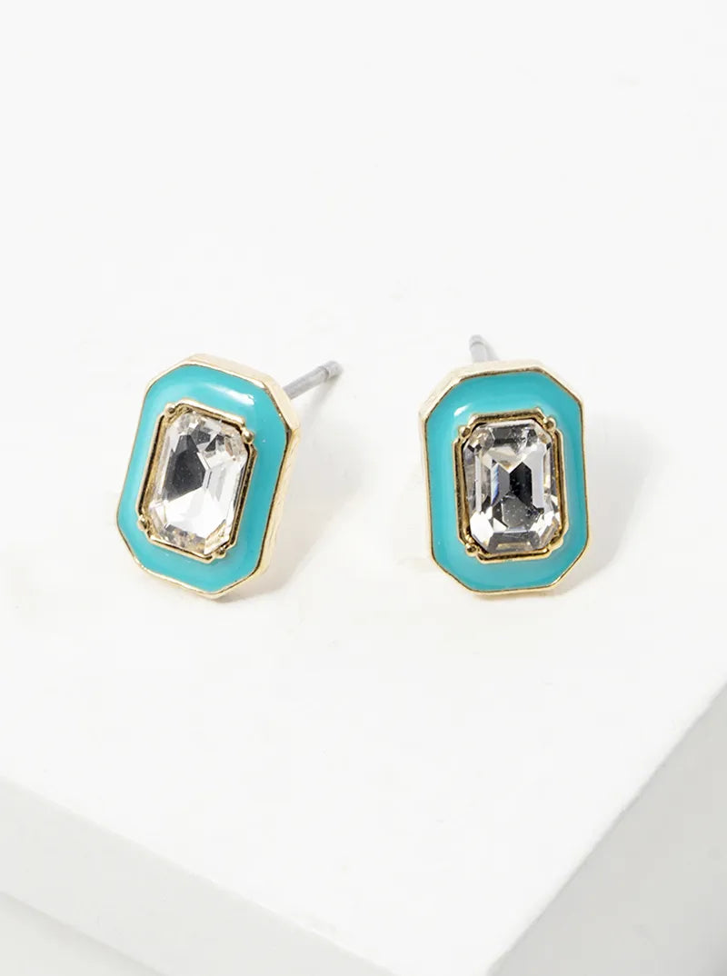 Enamel Filled Radiant Cut Crystal Dainty Post Stud Earrings
