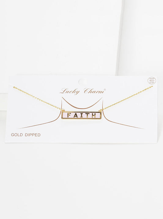 Enamel Filled Rectangle Bar Faith Engraved Pendant Gold Dipped Necklace