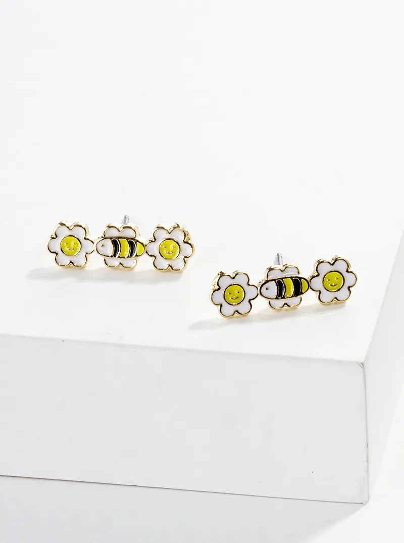 Enamel Filled Smiley Face Flower And Honey Bee Dainty Post Stud Earrings