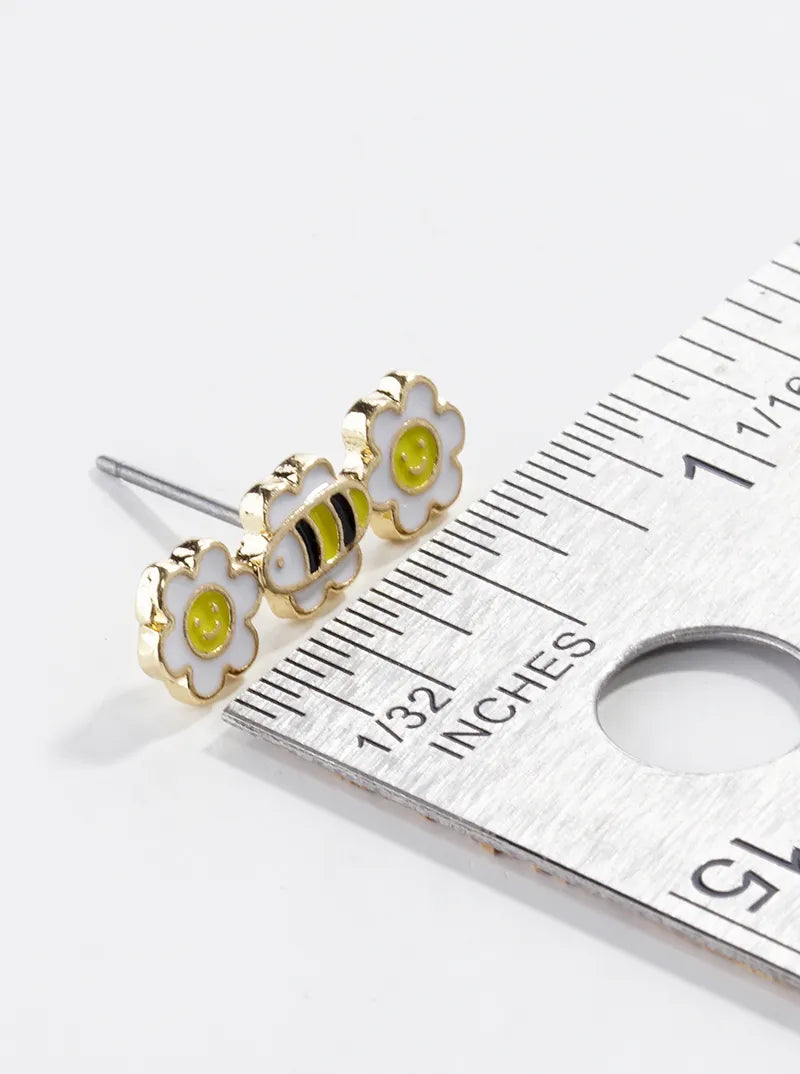 Enamel Filled Smiley Face Flower And Honey Bee Dainty Post Stud Earrings