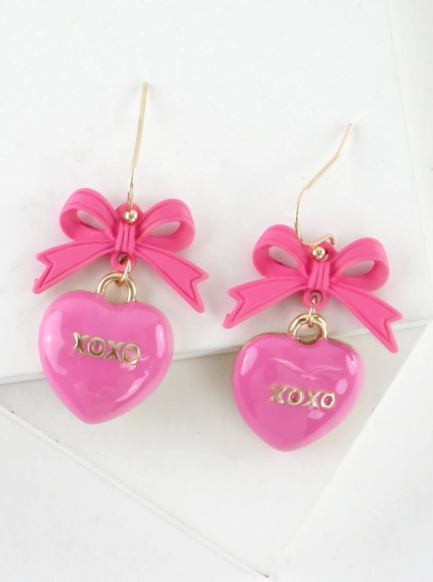 Enameled Heart Drop Bow Earrings With Word